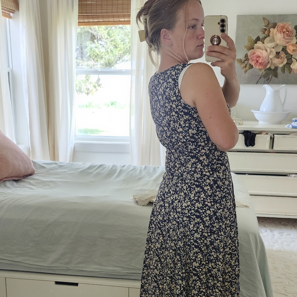 Vintage Floral RayonSleeveless Maxi Dress - Navy and Cream - Picture 6 of 7